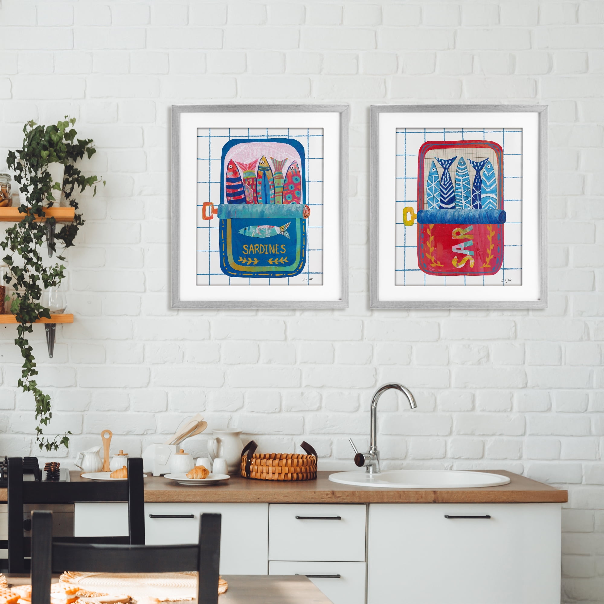 Stupell Industries Whimsical Silly Sardines 2 Piece Gray Framed Print Under Glass Set, design by Courtney Prahl