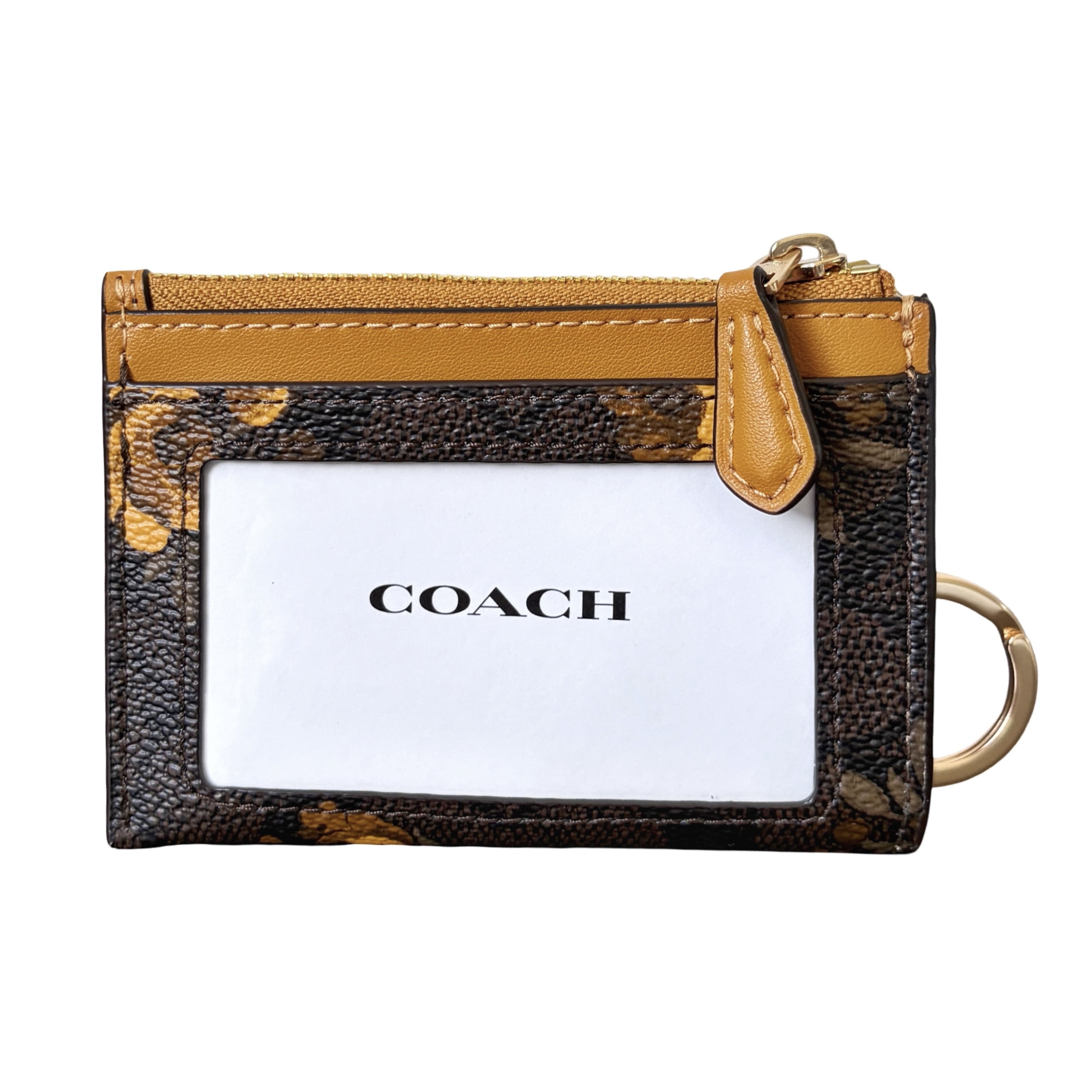 Coach Women's Mini Skinny ID Card Case With Key Ring In Signature Canvas With Floral Print (Walnut/Yellow)