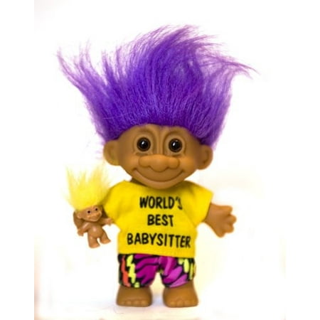 my lucky world's best babysitter troll doll with baby troll (purple