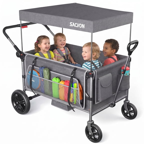 SACVON Wagon Stroller for 4 Kids with 5-Point Harnesses,Detachable Seats Stroller Wagon 4 Seater for Garden,Removable Canopy,Adjustable Handles,Camping Trips,Gray