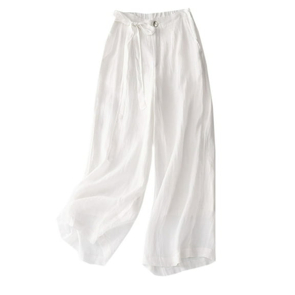 LLYwey Women's Pajama Pants Women Solid Color Button Tied Loose Casual Cropped Pants Sweatpants Female Long Pant Style H1496 White L