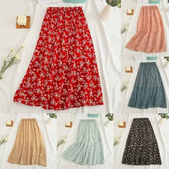 abtuhar High Waisted Skirts for Women,Women's Skirts,Womens Floral Print Boho Maxi Skirt Elastic High Waist Pleated Ruffle Flowy Long Skirts Yellow