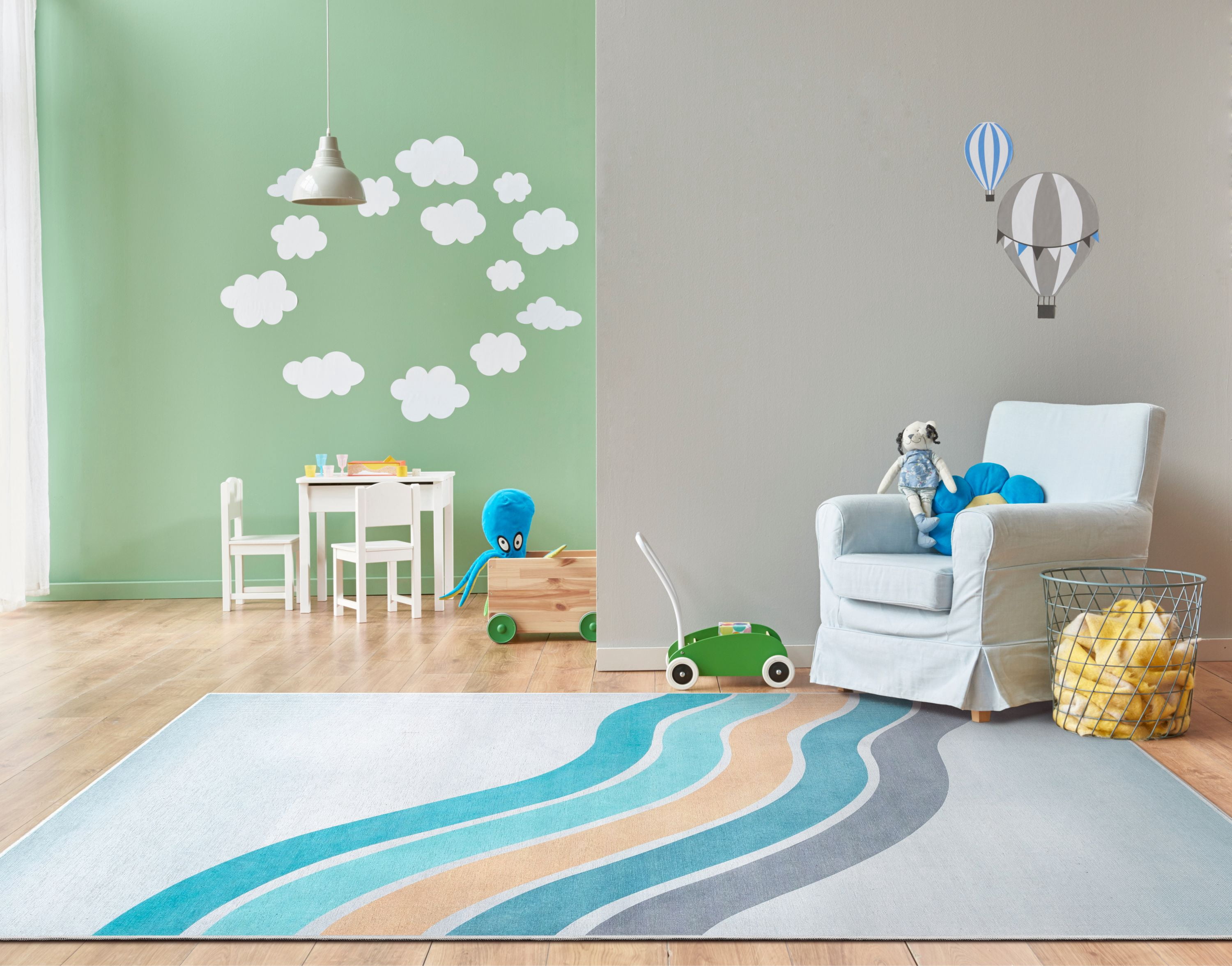 Well Woven Kids Rugs Curved Rainbow Modern Multi Color Printed Distressed Machine Washable 5' x 7' Area Rug