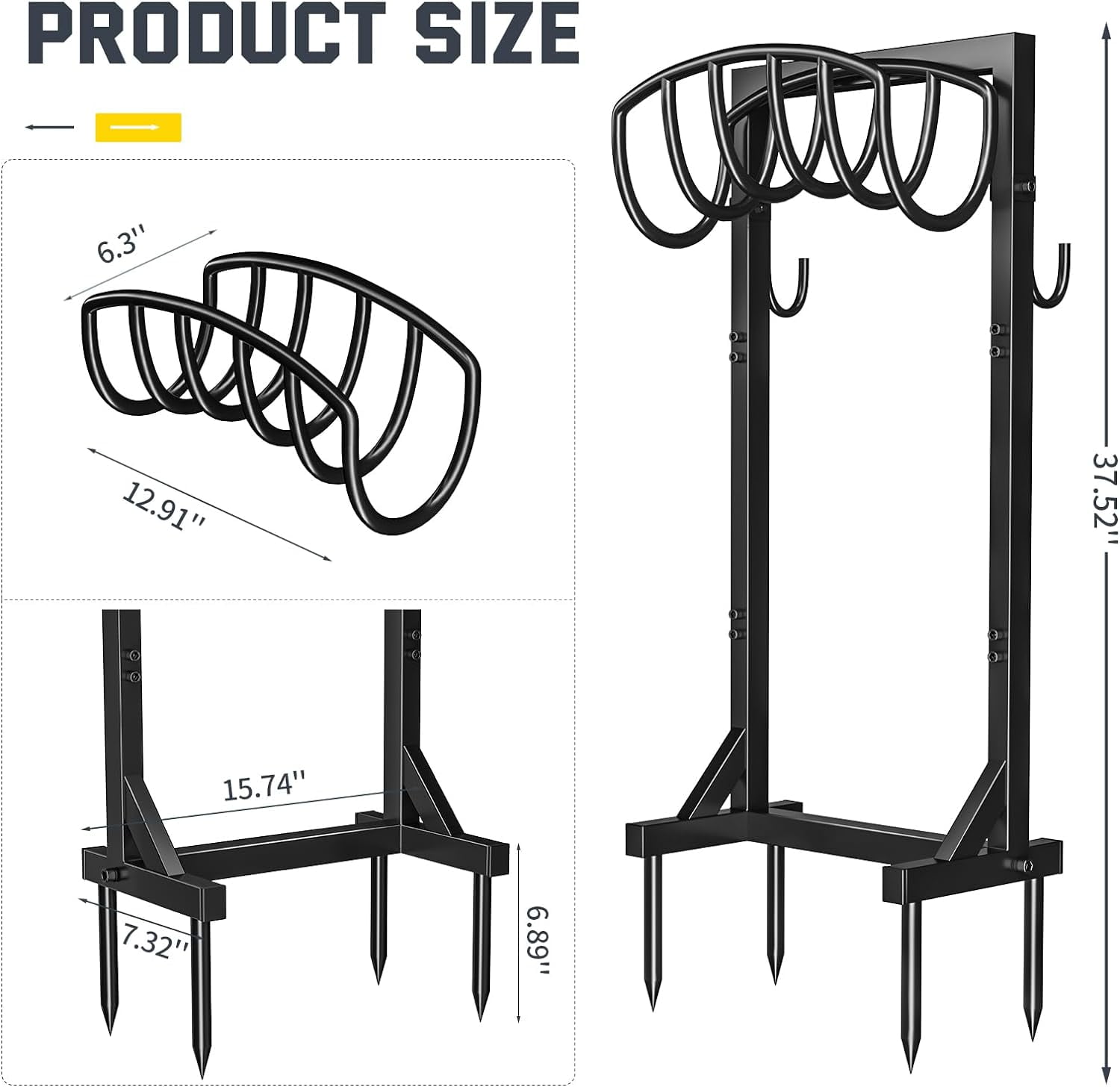 Garden Hose Holder with 4 Spikes & 2 Tool Hooks, Freestanding Water Hose Stand Heavy Duty 2 Hooks Metal Garden Hose Storage Hose Reel Rack for Outside