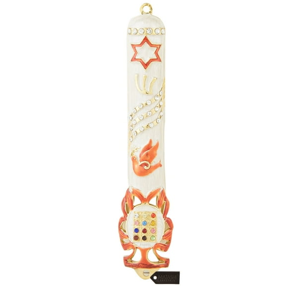 Matashi Hand-Painted Dove Mezuzah with Gold Accents and Crystal Star of David Decorative Doorpiece – Single Piece
