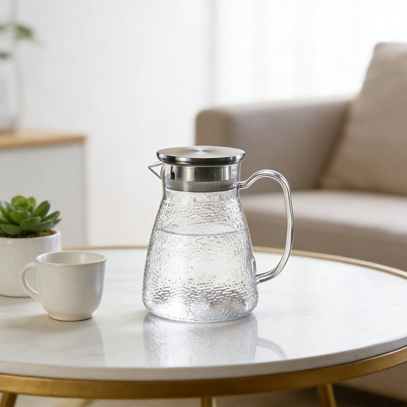 Cififendec Acrylic Wavy Pattern Pitcher, Heat-Resistant, Transparent Cool Drink Pitcher with Stainless Steel Lid and Handle for Cold/Hot Beverages(Clear-S)