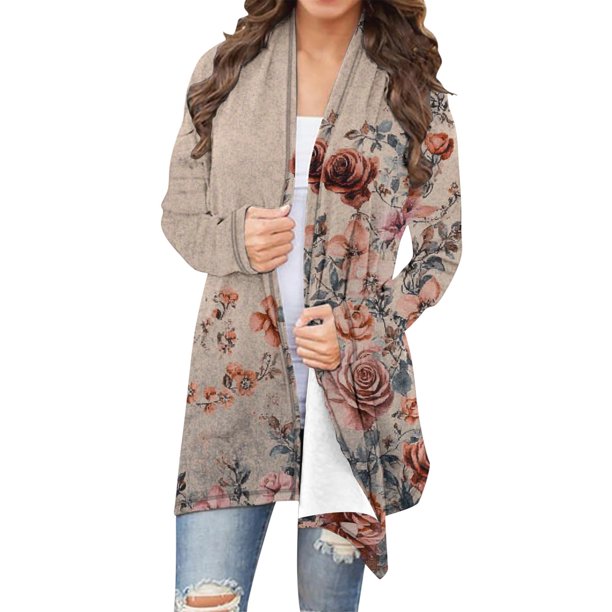 Cárdigan informal de manga larga para mujer, con estampado de manga larga, chaqueta tipo cárdigan, abrigo para mujer
