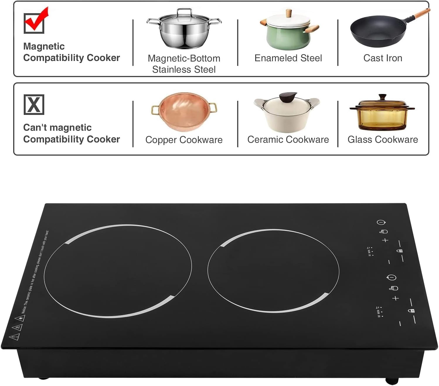Electric Cooktop 2 Burner Portable Induction Cooker with Burner Independent Control Ultrathin Body 9 gears Temperature 1200W+1100W-Multiple Power Levels 110V-120V (for Pot 10.24in)