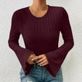 thumbnail image 3 of ZUKMRJPC Womens Long Bell Sleeve Shirts Solid Color Slim Fit Knitted Textured T-Shirts Trendy Going Out Fall Winter Fashion Outfits, 3 of 8