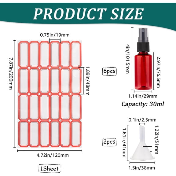 1set 1oz/30ml Mini Spray Bottle 8pcs Amber Empty Fine Mist Plastic Fragrance Perfume Bottle No Leak Travel Bottle set Small Refillable Liquid Containers with 2pcs Funnels and 24pcs Labels