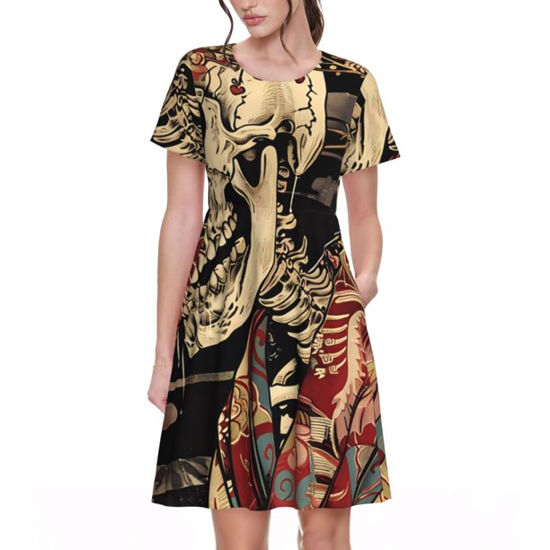 Balery Gothic Eastern Floral Skull Vestidos sueltos de manga corta para mujer, vestidos de verano 2025, vestidos casuales de corte A con vuelo.