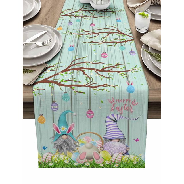 Huevo de Pascua Gnome Bunny Butt Flower Butterfly Camino de mesa de grano de madera Decoraciones para banquetes de boda para el hogar Regalo Mantel individual LingWen 8390611416577