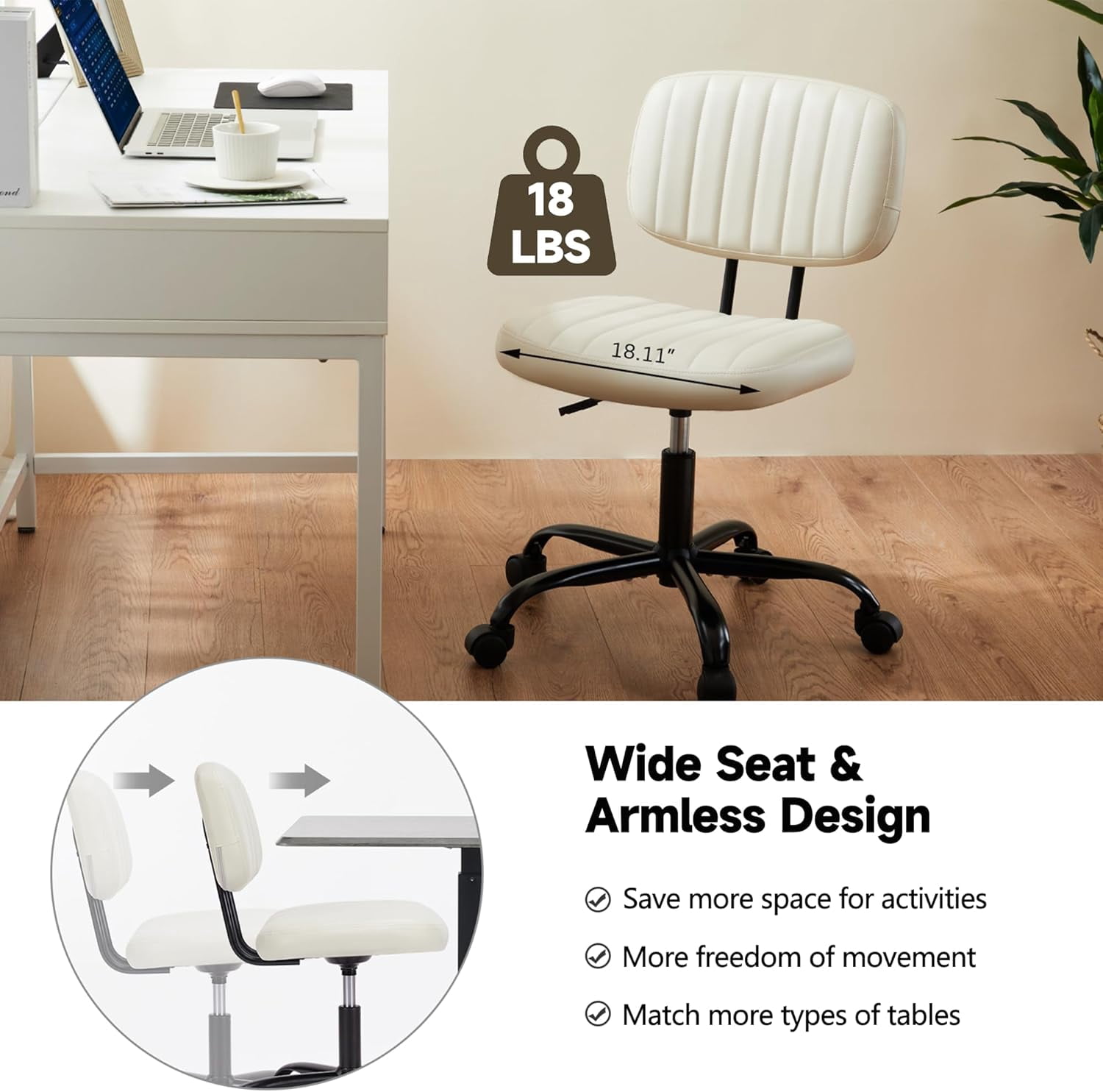 ENYLAY Small Armless Home Office Desk Chair, Ergonomic Cute Chair PU Leather with Adjustable Swivel Rolling Comfy Task Study Chair with Lumbar Support for Adult and Student, Bedroom (Beige White)