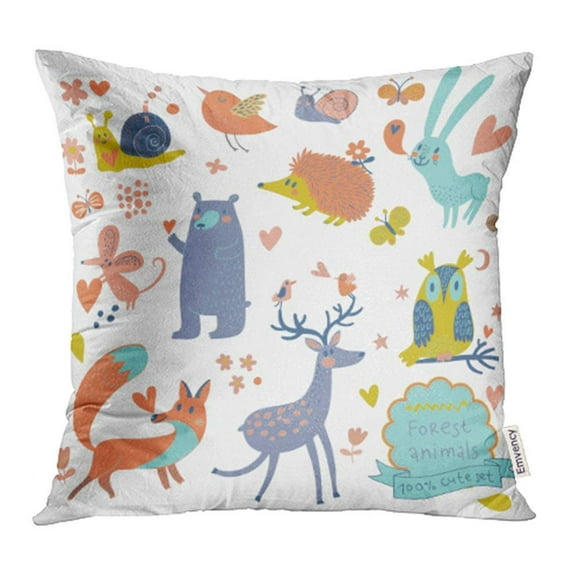 EREHome Cute Wild Animals in The Forest Fox Bear Hedgehog Rabbit Snail Deer Owl Bird Pillow Case Pillow Cover 20x20 inch Throw Pillow Covers