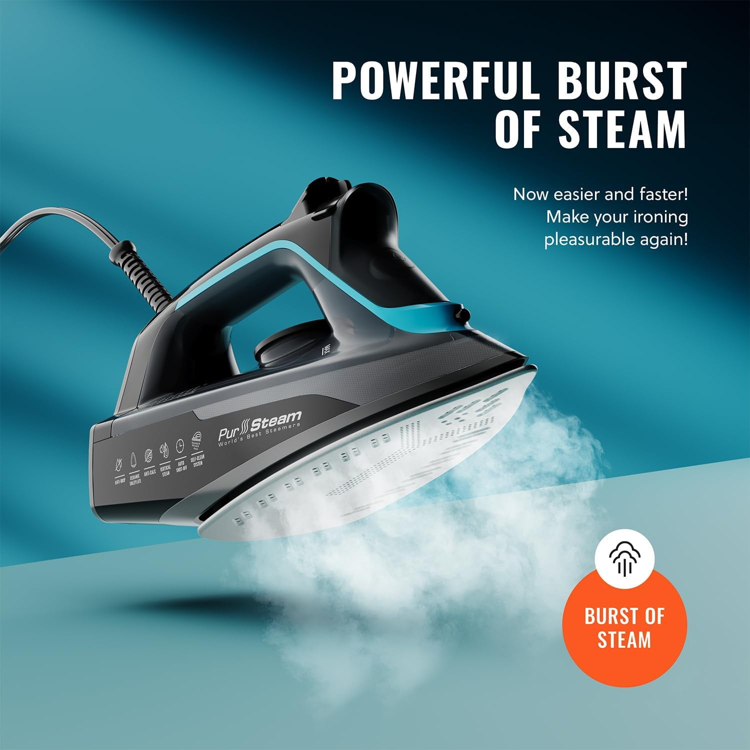SteamBurst+ 1750W Steam Iron with Ceramic Soleplate for All Fabrics
