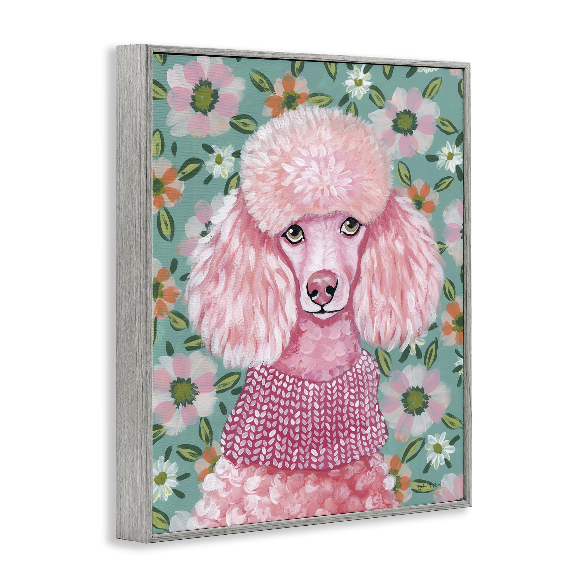 Stupell Industries Floral Poodle In Pink Gray Framed Giclee Art, design by Yvette St. Amant