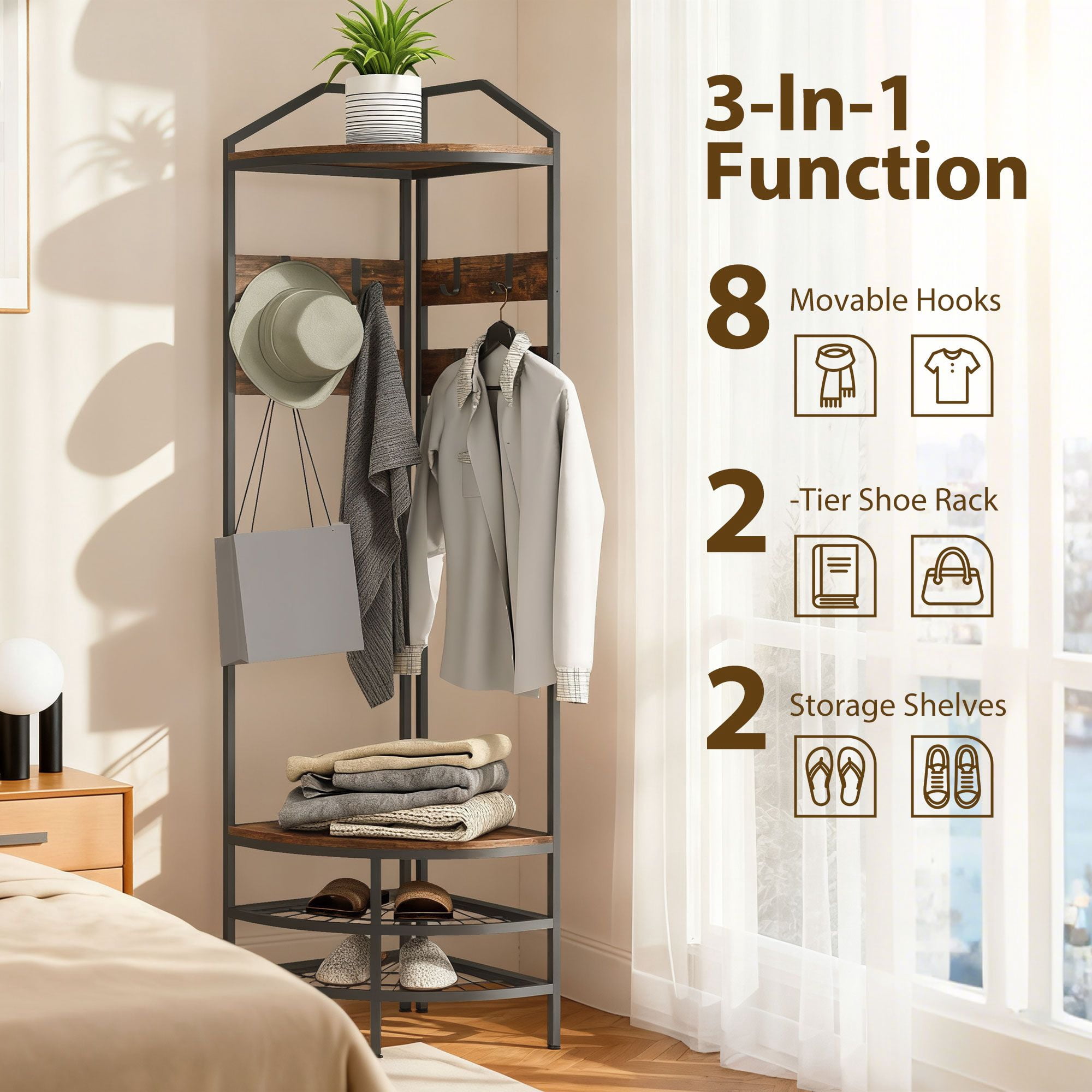 Corner Hall Tree, Industrial 4-Tier Coat Rack with Shoe Storage, 8 Movable Hooks and 2 Shelves for Hallway, Rustic Brown