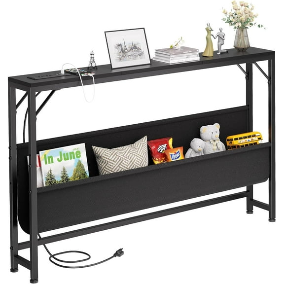 47.2'' Skinny Console Table with Charging Station and Storage, Narrow Sofa Table with Power Outlets and USB Ports, Behind Couch Table, for Living Room, Foyer, Entryway, Hallway, Black
