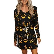 WISEFIN Women's Halloween Pumpkin Print Pockets V-Neck Long Sleeve Casual Dresses