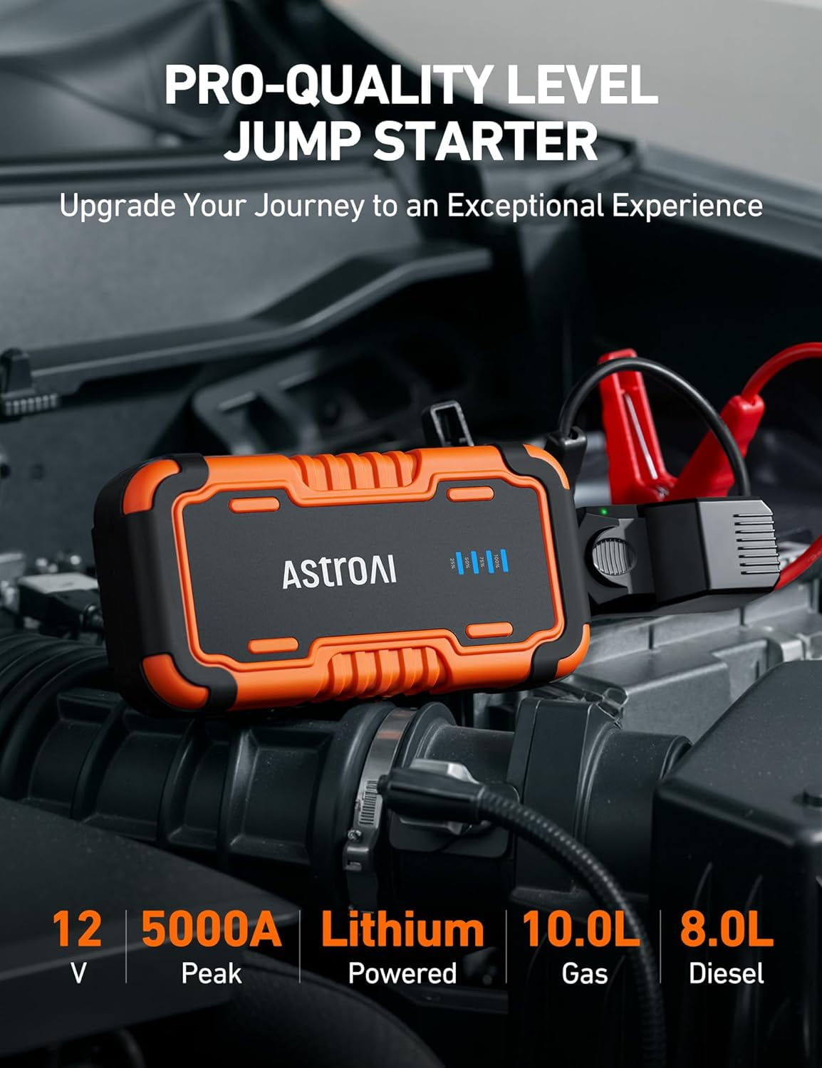 AstroAI Car Jump Starter, 5000A Portable Jump Starter Battery Pack for Up to 10L Gas & 8L Diesel Engines, Battery Booster Power Pack with LED Lights & Jumper Cable