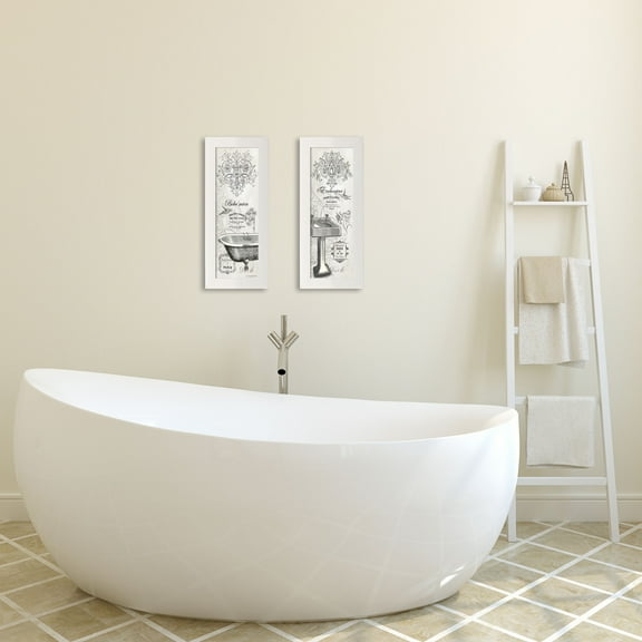 Gango Home Decor Vintage Bath Wall Art; Two Black & White 6x18in Art Prints in White Frames