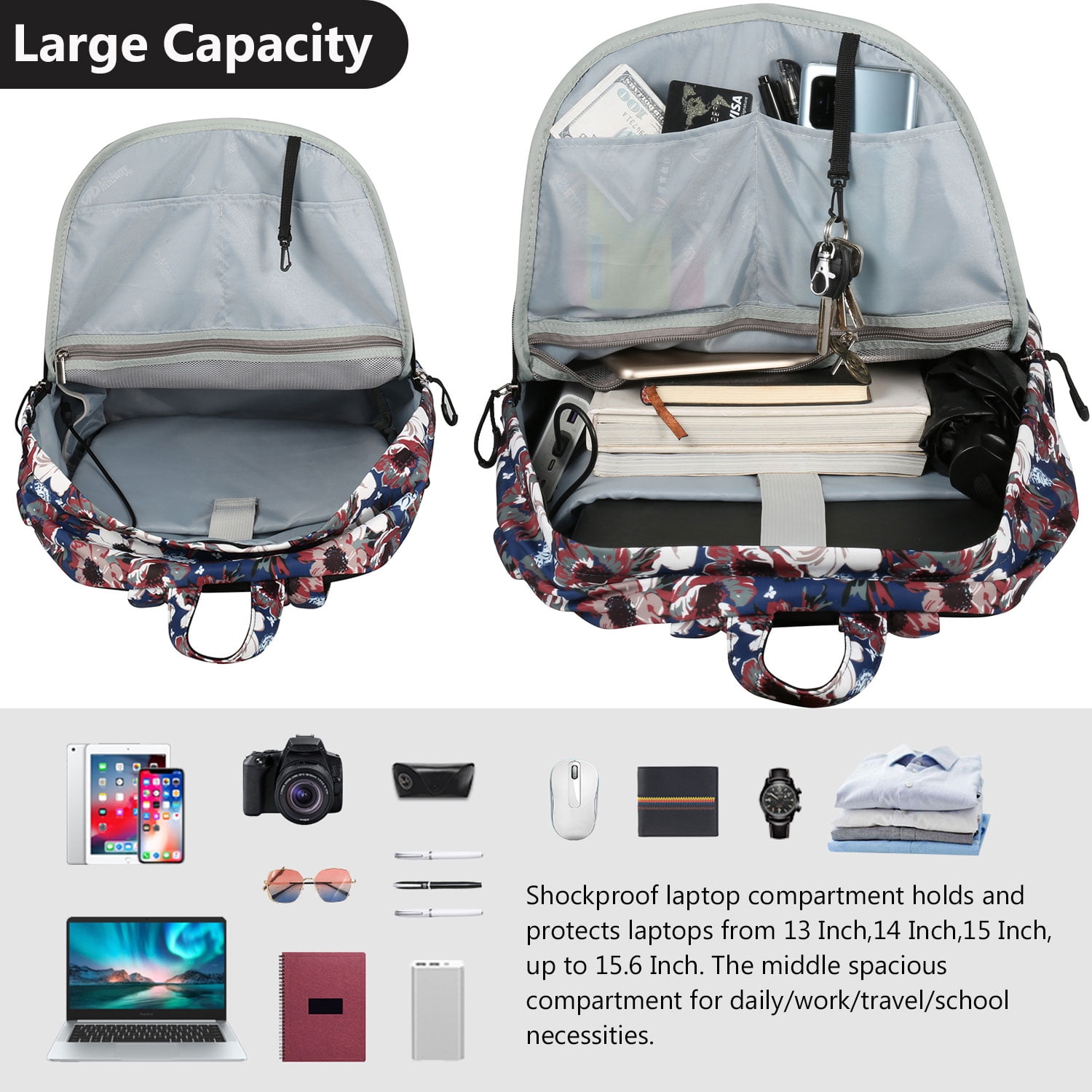 Floral Laptop Backpack 15.6 Inch for Women with USB Charging Port, Travel Work College School Bookbag Computer Bag for MacBook Notebook Surface Laptop Bag