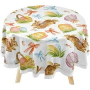 SKYSONIC Colorful Easter Rabbit Eggs Round Tablecloth 60inch Indoor Wrinkle Free, Spring Bunny Bow Circular Lace Table Cover Washable for Kitchen Party BBQ Dining Decor