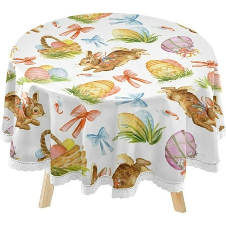 SKYSONIC Colorful Easter Rabbit Eggs Round Tablecloth 60inch Indoor Wrinkle Free, Spring Bunny Bow Circular Lace Table Cover Washable for Kitchen Party BBQ Dining Decor