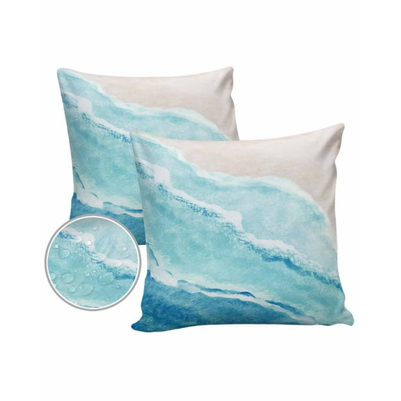 Pack of 2 Outdoor Pillow Covers, Turquoise Gradient Beach Ocean Pattern Waterproof Square Throw Pillowcase Cushion Decorative Pillow Covers for Couch Patio Tent, 16x16 in