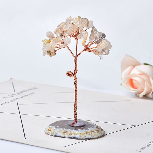 Nvzi 1 adorno de árbol de la vida hecho a mano con piedra natural triturada, árbol de la vida de cristal natural blanco, adorno de piedra para decoración del hogar