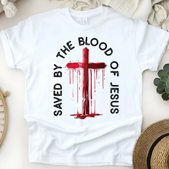 Saved by the Blood of Jesus T-Shirt | Christian Cross Graphic Tee, White, Size S