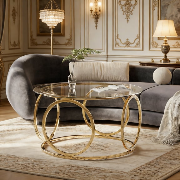 31.5"Modern Round Glass Top Coffee Table with Circular Metal Frame, Contemporary Accent Center Table for Living Room, Office, and Lounge(Clear Glass Gold Frame)