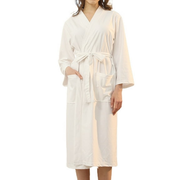 Defitshape Women's Long Sleeve Waffle Knit Robe Pockets Belted Mid-length Soft Bathrobes 3/4 Sleeves White Large
