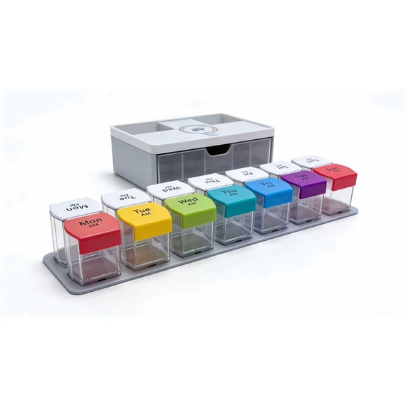 Weekly Pill Organizer Arthritis Friendly, BPA Free Travel 7 Day Pill Box Case with Spring Open Design and Large Compartment to Hold Vitamins, Cod Liver Oil, Supplements and Medication