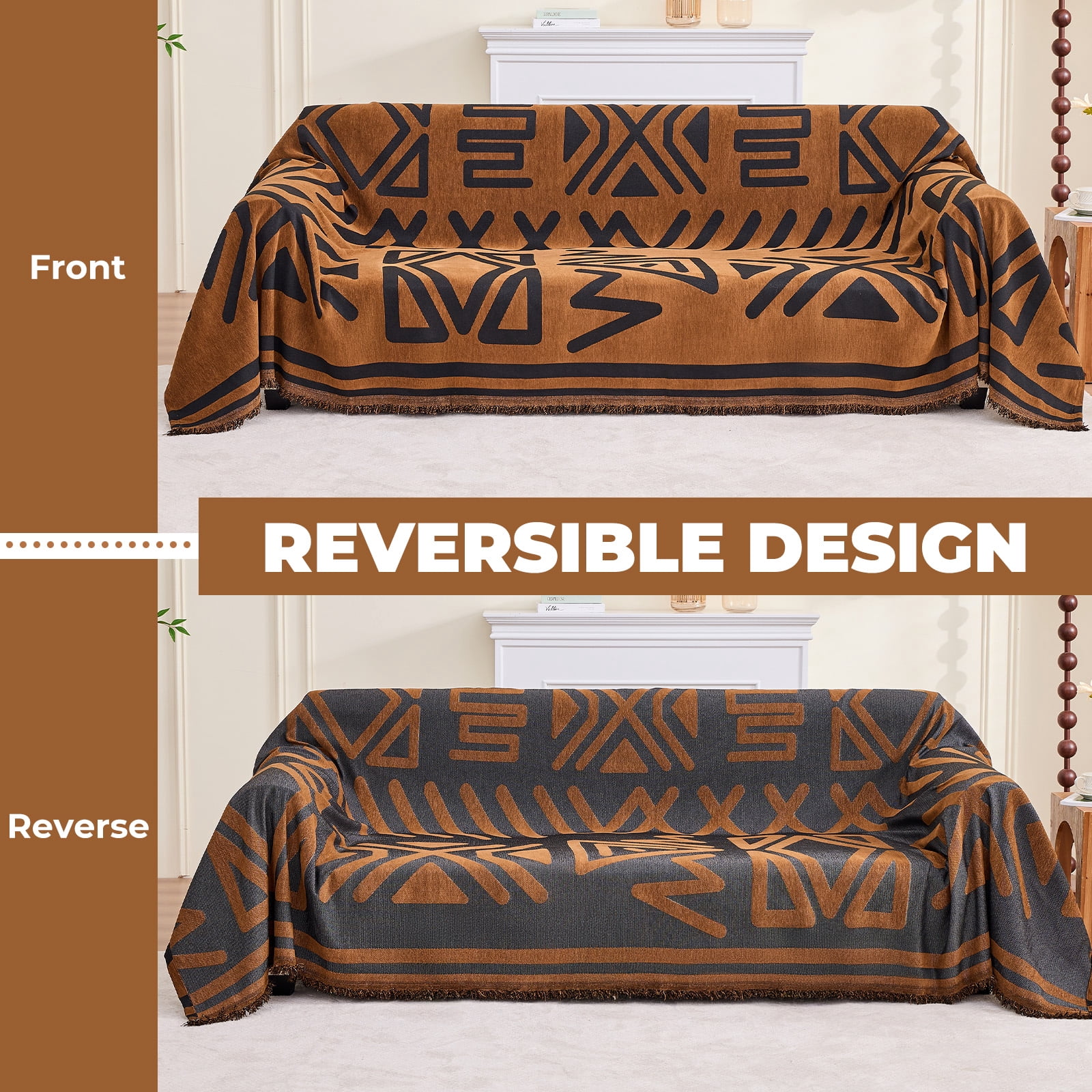 Sanmadrola Boho Sofa Cover Chenille Couch Covers Blanket Furniture Protector for Sectional Sofa, Anti Slip Couch Covers for 2 Cushion Couch, Washable Slipcover for Dog (Dark Brown, 71"x102")