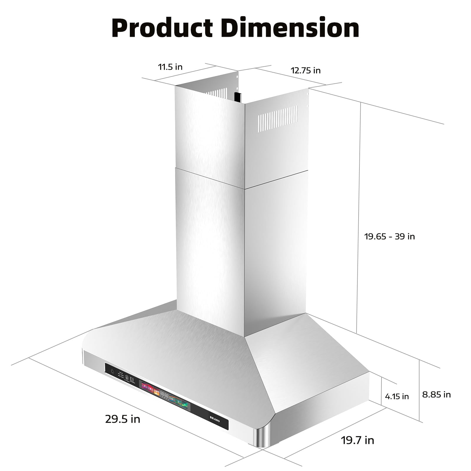 Brano 30-Inch Canopy Range Hood, Wall Mount, 900 CFM, 4-Speed Exhaust Fan, Stainless Steel, LED Lights, Memory Mode