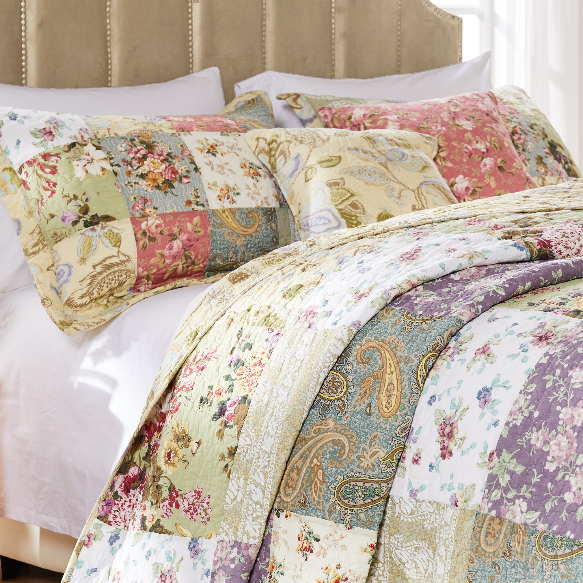 Greenland Home Blooming Prairie 100% Cotton Reversible Oversized Authentic Patchwork Quilt Set, 5-Piece Full/Queen