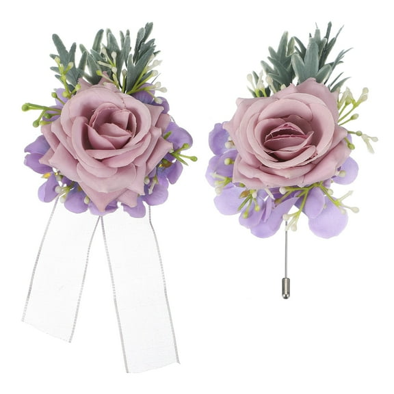 Uxcell Light Purple Wrist Corsage and Boutonnieres Set, Artificial Flowers Corsage Wristlet for Wedding Bride Groom Ceremony Anniversary Prom Party