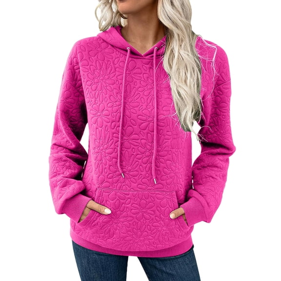 Women's Casual Lightweight Hoodies Long Sleeve Drawstring Sweatshirts Loose Pullovers with Pocket Hot Pink L