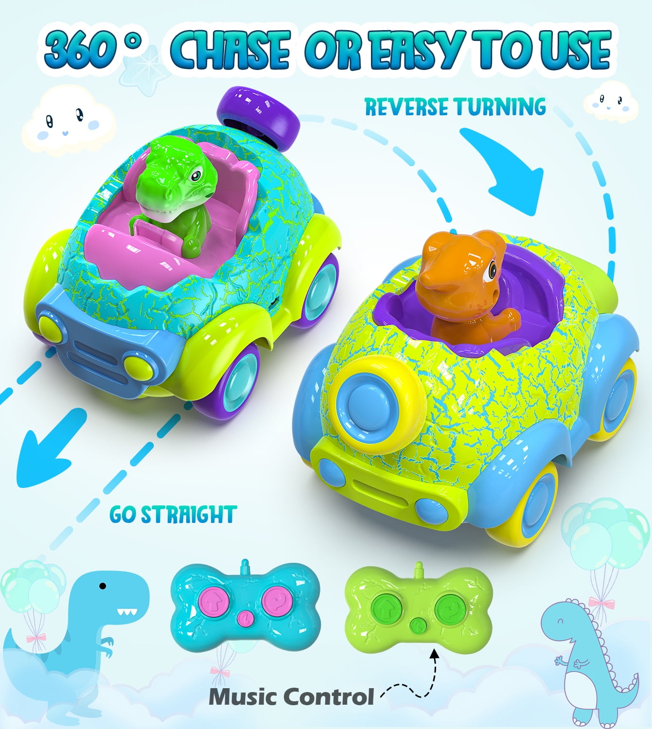 Carsky Remote Control Cars for Toddlers, 2 Pack Dinosaur Racing Cars Toys for Kids 2-3 with LED Lights, RC Toys for 2 3 4 5 Year Old Boys Girls, Birthday Gifts Toy for Kids