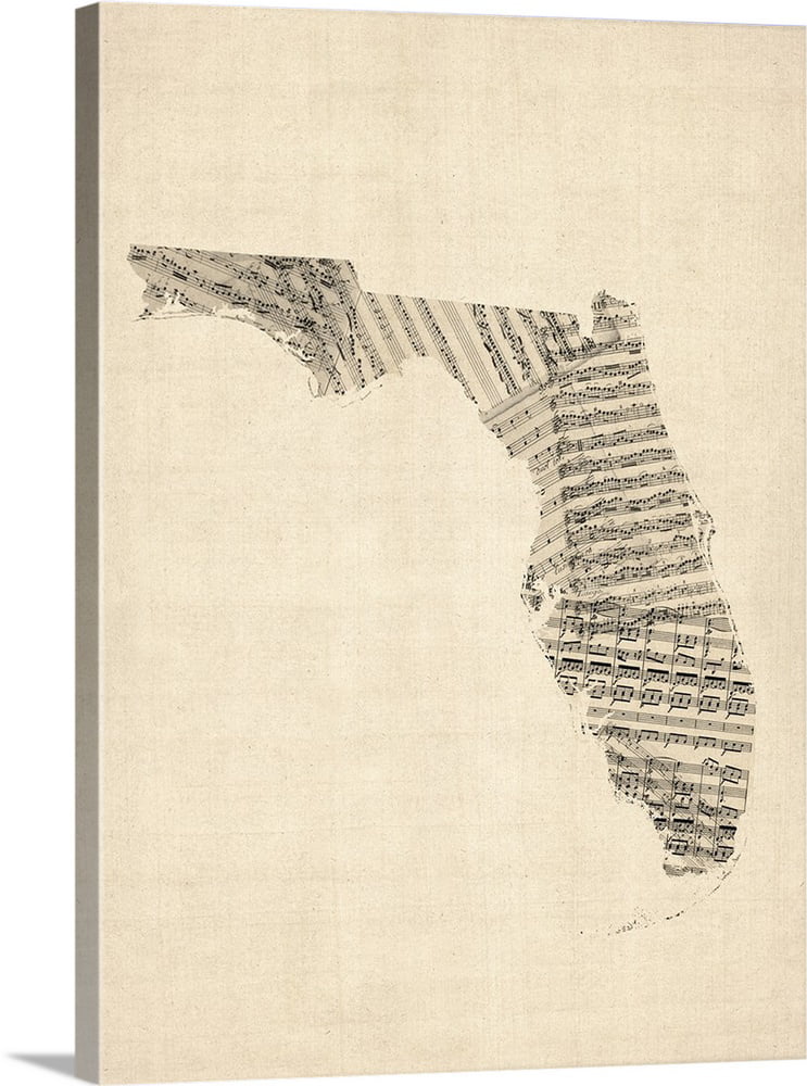 Great BIG Canvas | "Old Sheet Music Map of Florida" Canvas Wall Art - 18x24