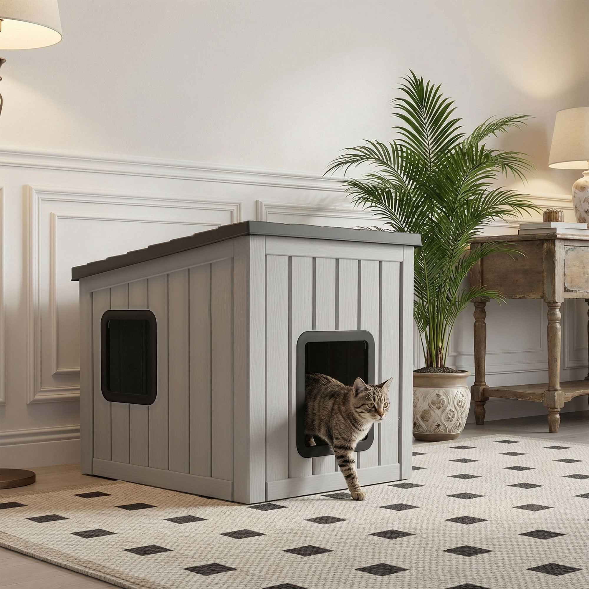 MAYEERTY Dual-Door Cat House for Indoor & Outdoor, Rain-Resistant Sloped Roof Pet Retreat with Easy-Clean Leak Holes
