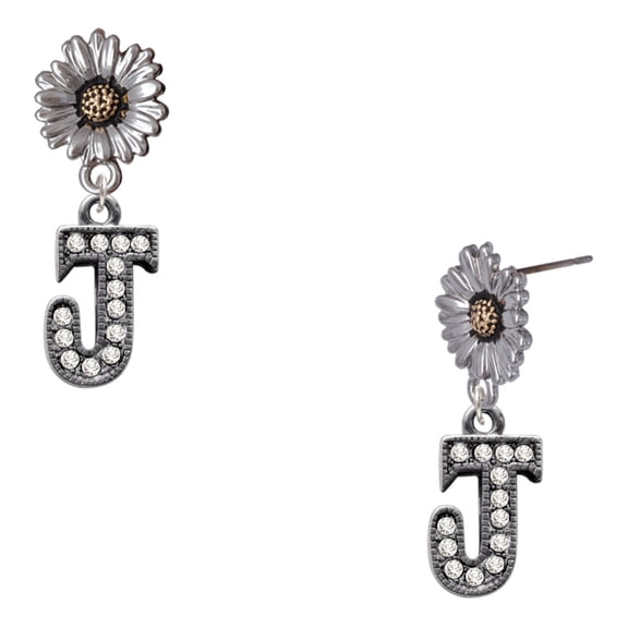 Delight Jewelry Black Nickeltone Crystal Initial - J - Beaded Border - Two-tone Daisy Flower Post Earrings