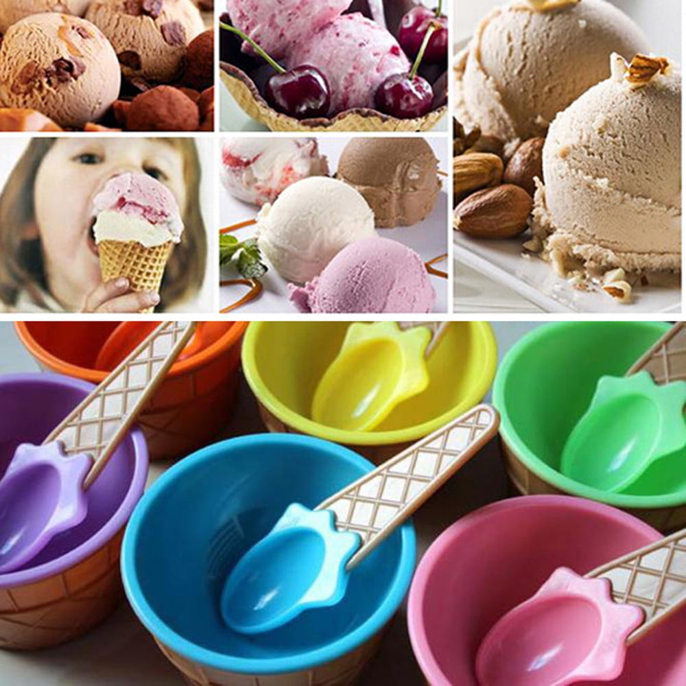 Blue Ice Cream Bowls with Spoon,Double Thicken Plastic Cute Kids Ice Cream Bowl Cup and Spoons Drop-Proof Anti-hot Dessert Bowls Set for Children Couples Candy Color