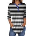 thumbnail image 2 of Fznquz Black Womens T Shirts 3/4 Sleeve Loose Fit Tunics Tops V Neck Striped Button Clothes for Women,L, 2 of 5