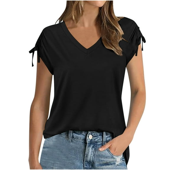 ShomPort Women's Tops Summer Casual V Neck Cap Sleeve T-Shirts Comfortable Solid Color Tees
