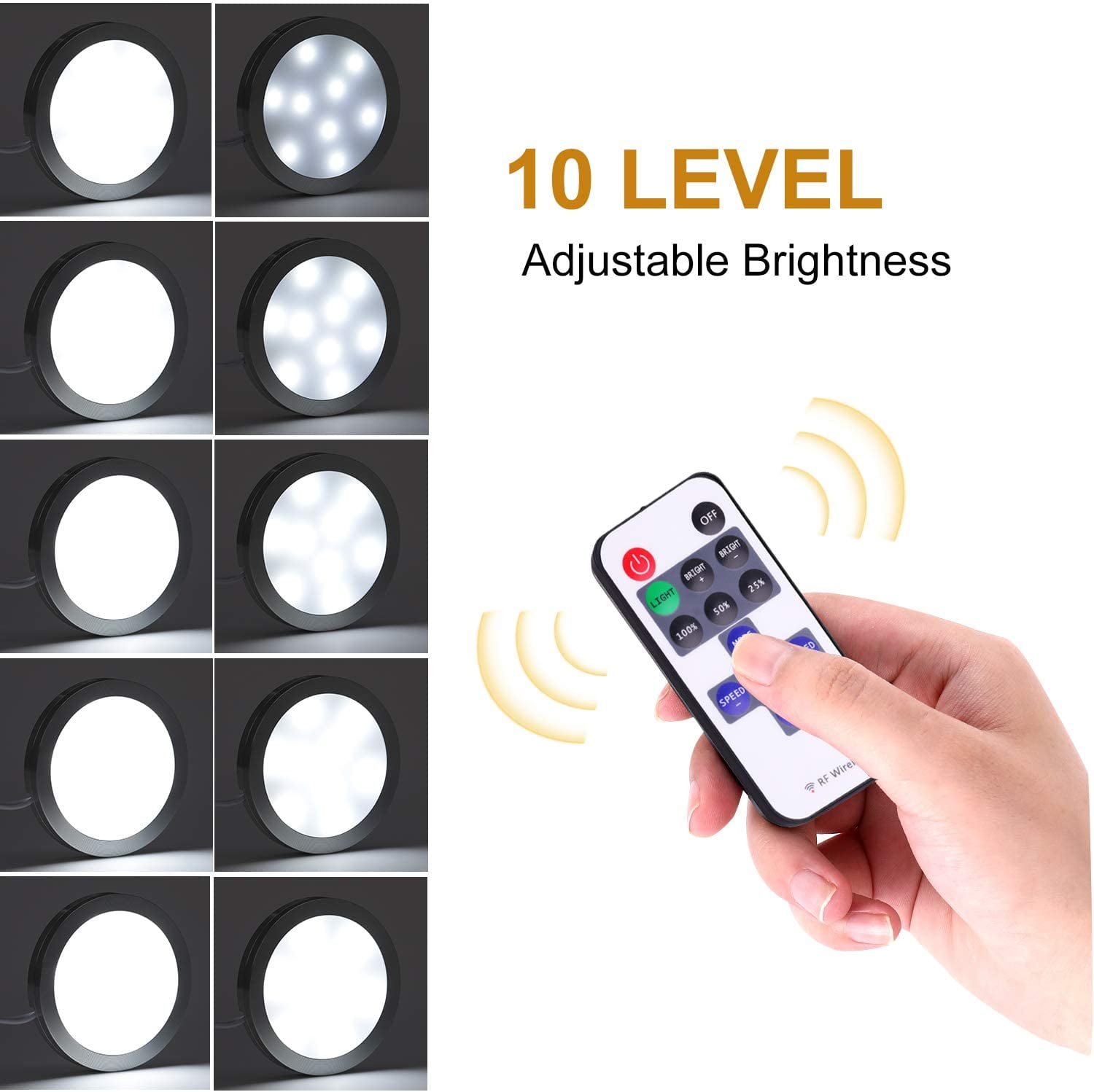 LED Under Cabinet Puck Lights Kit - 6 Pack Dimmable 12W Aluminum Lights with Black Cord and Wireless RF Remote Control (6000K Daylight White) for Kitchen Counter and Closet Lighting