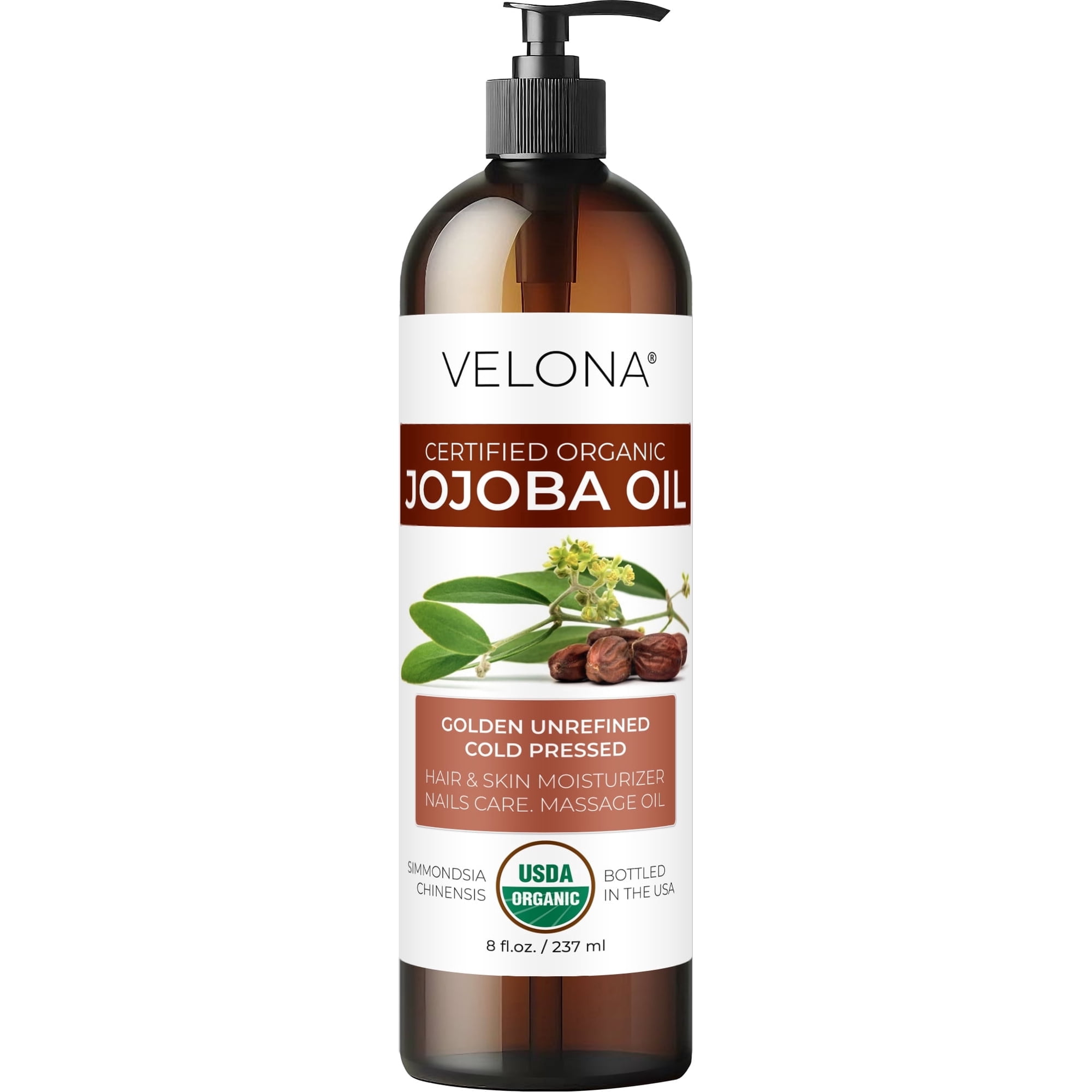 Velona USDA Organic Jojoba Oil - 8 fl oz , Unrefined, Cold-Pressed, Golden, with Pump