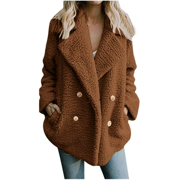 Herrnalise Jackets For Women Winter Lapel Double Breasted Loose Fitting Lamb Sweater Jacket Brown,M
