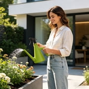 1L Plastic Garden Watering Can with Ergonomic Handle, Dual Spray Nozzle for Watering and Misting, Green and Coffee Colours, Durable Leak-Proof Design